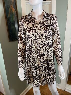 NWT Three Eighty Two Ashton Leopard Button Down Shirt Dress Tunic XSmall XS [CH]